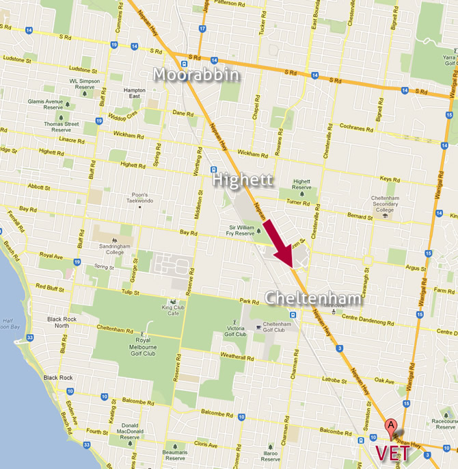 Map of Vet near Cheltenham, Highett & Moorabbin